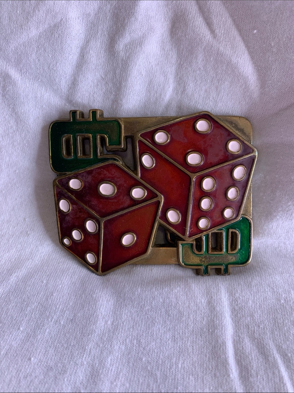 Retro Red Dice Belt Buckle with Green Dollar Signs